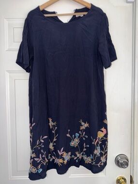 LOFT Navy Midi Dress with Multicolor Floral Embroidery. Sz M